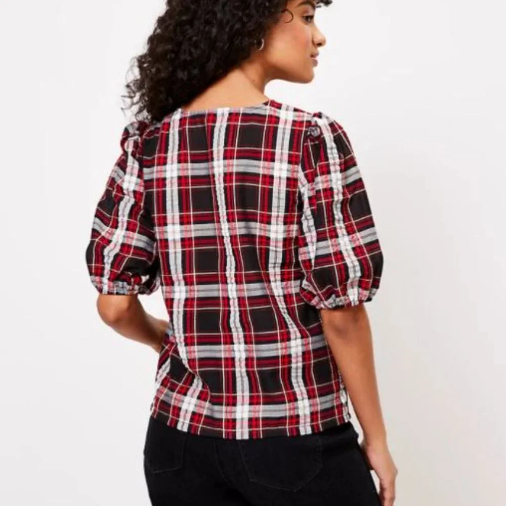 LOFT Women's NWT Petite Plaid‎ Puff Sleeve Top